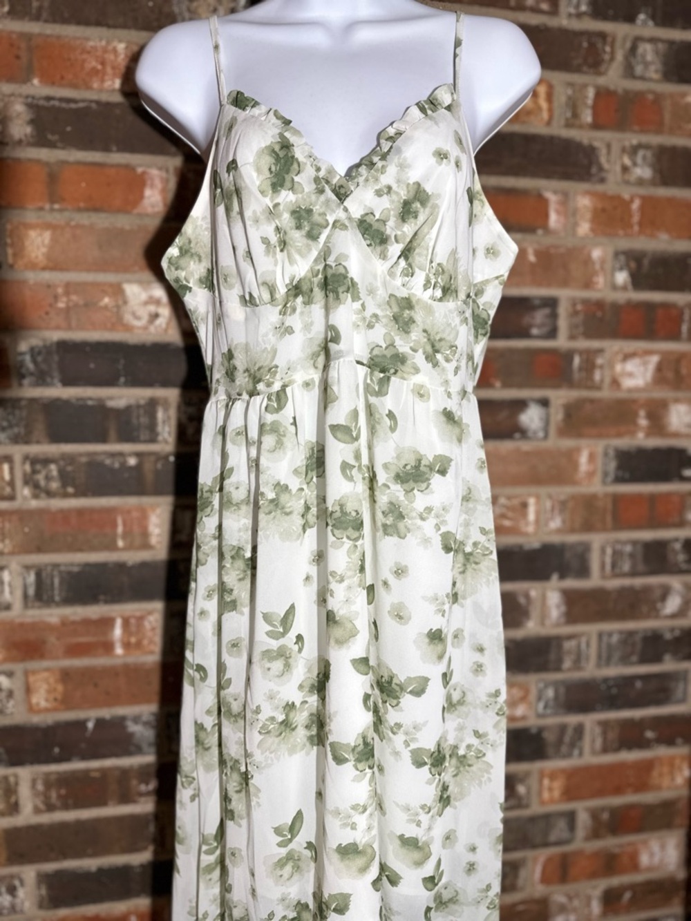 White Maxi Dress with Light Green Floral Pattern and Spaghetti Straps